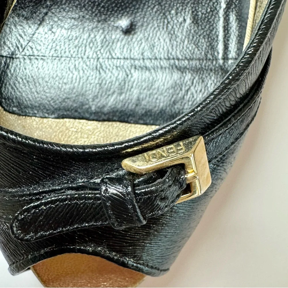 Fendi Black Leather Peep Toe D’Orsay Pumps W Gold Buckle Accents, Size 39